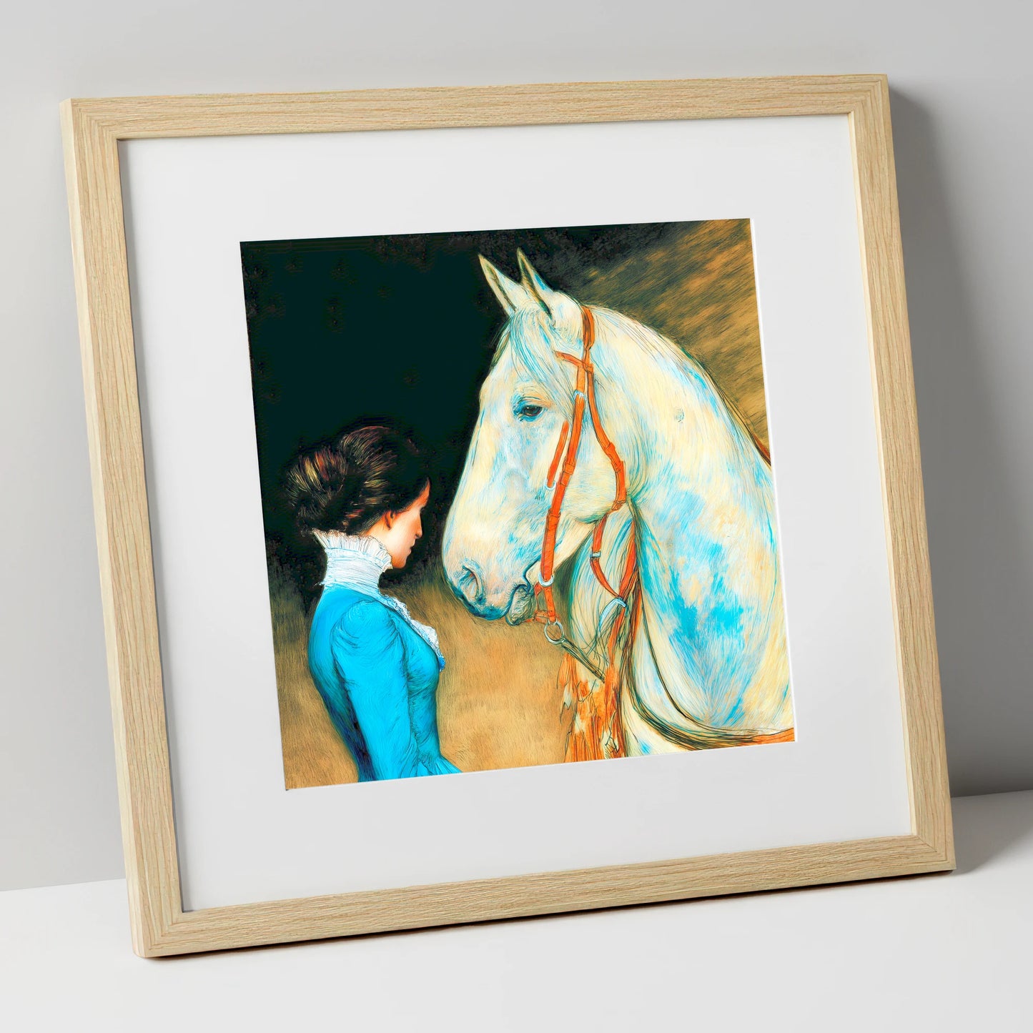 Cerulean Connection horse & rider art print in natural frame