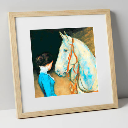 Cerulean Connection horse & rider art print in natural frame