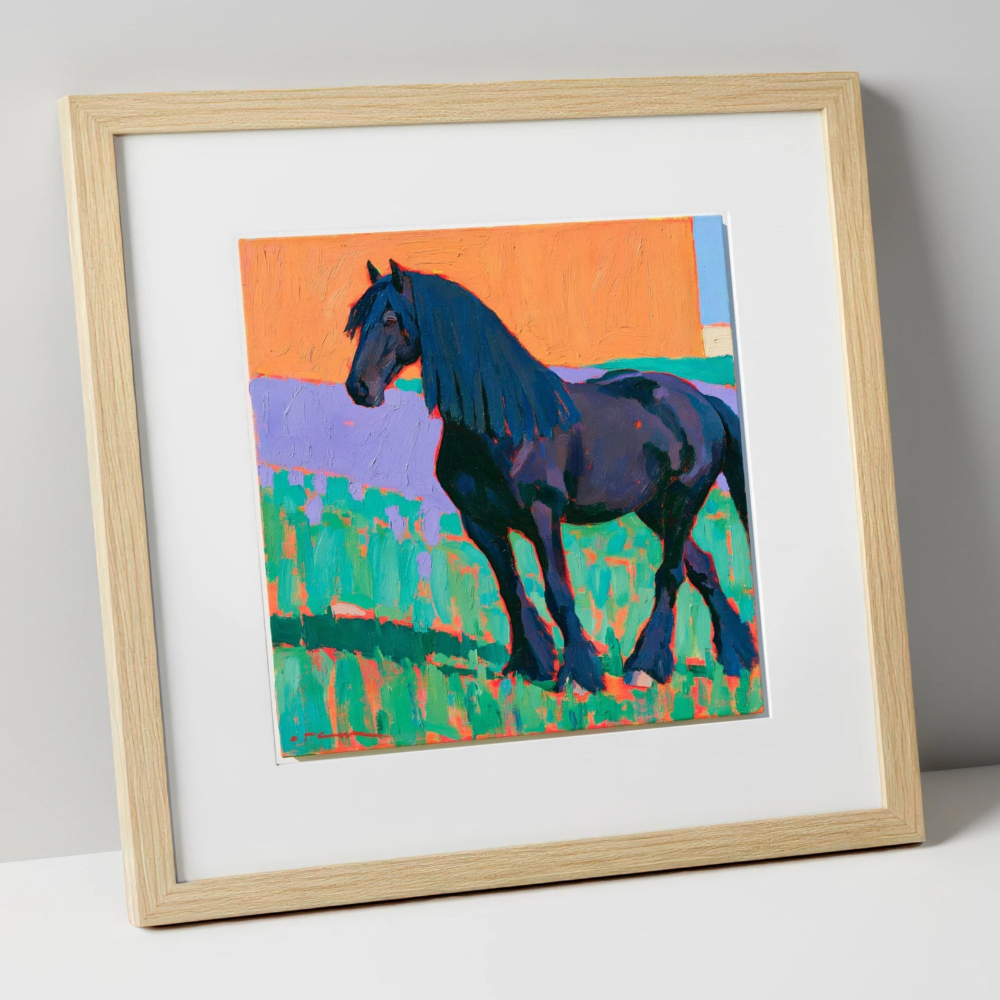 Friesian Horse in Vivid Colour horse breed art print in natural frame