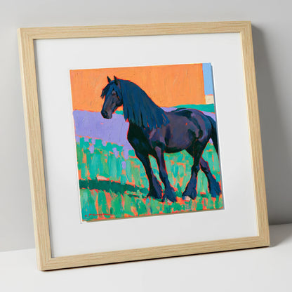 Friesian Horse in Vivid Colour horse breed art print in natural frame