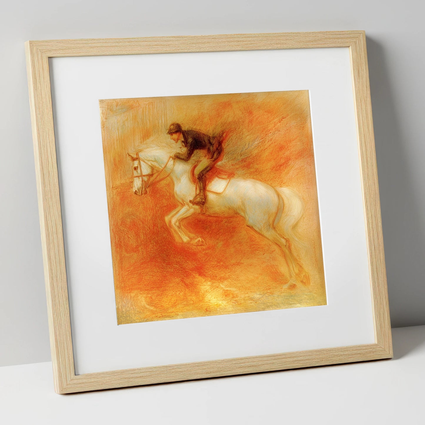 Terracotta Flight show jumping horse art print in natural frame