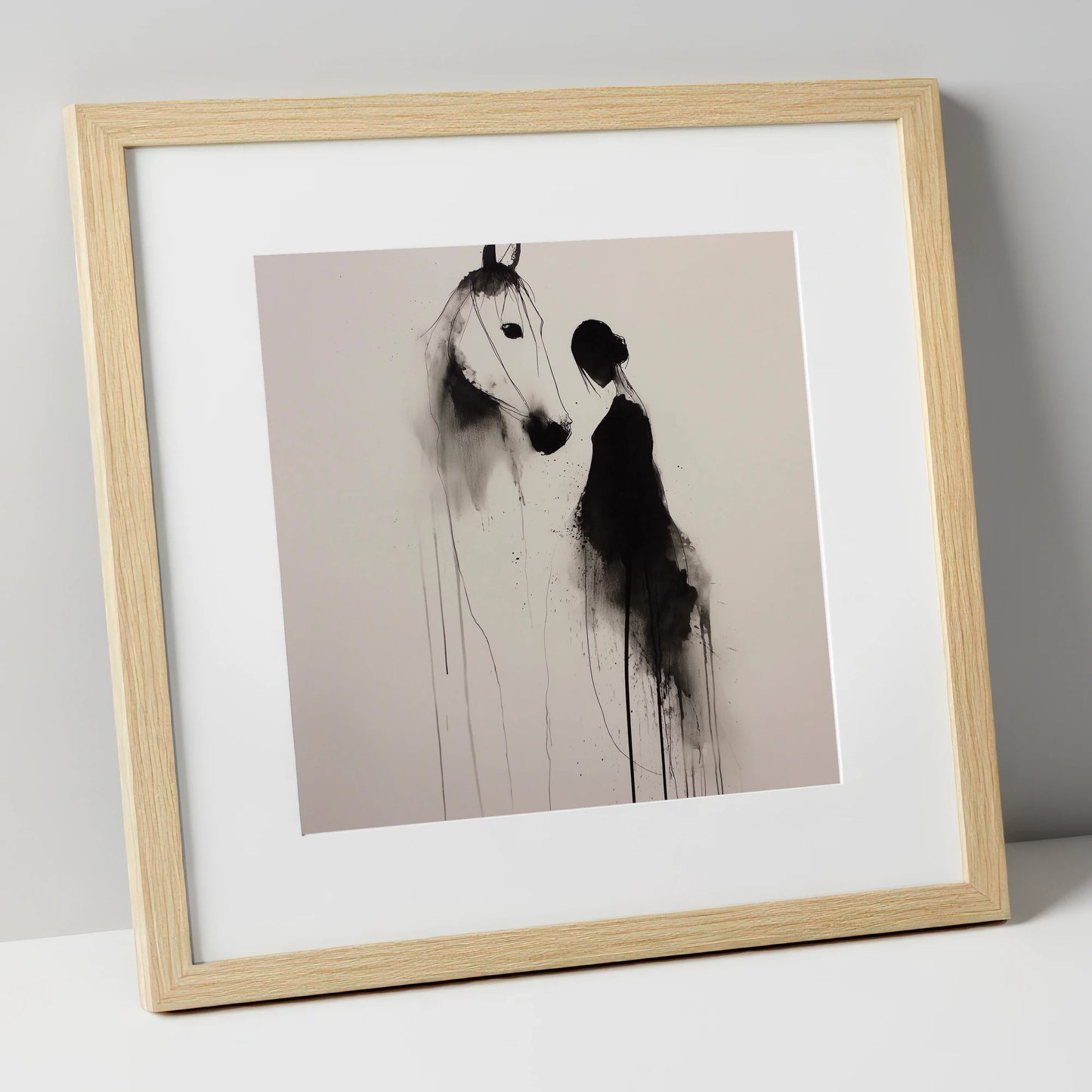 The Unspoken Bond horse & rider art print in natural frame