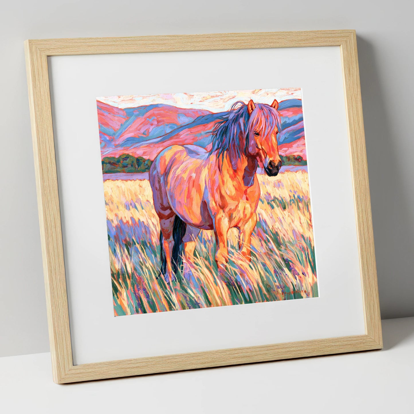 Colourful Horse in Golden Grass horse breed art print in natural frame