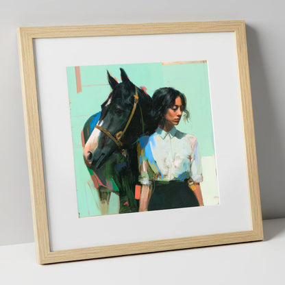 The Shared Silence horse & rider art print in natural frame