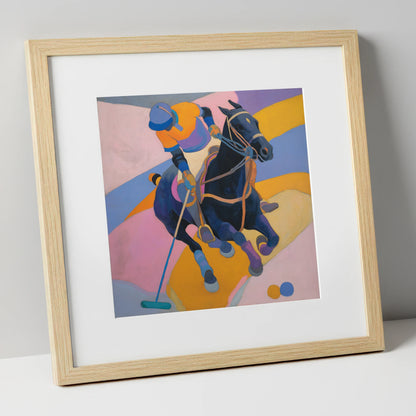 Vivid Polo Strike polo horse art print in natural frame