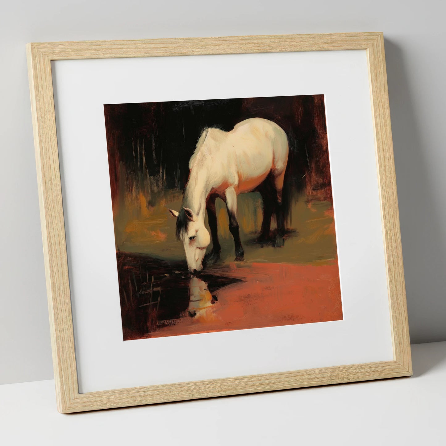 Quiet Reflection horse portrait art print in natural frame