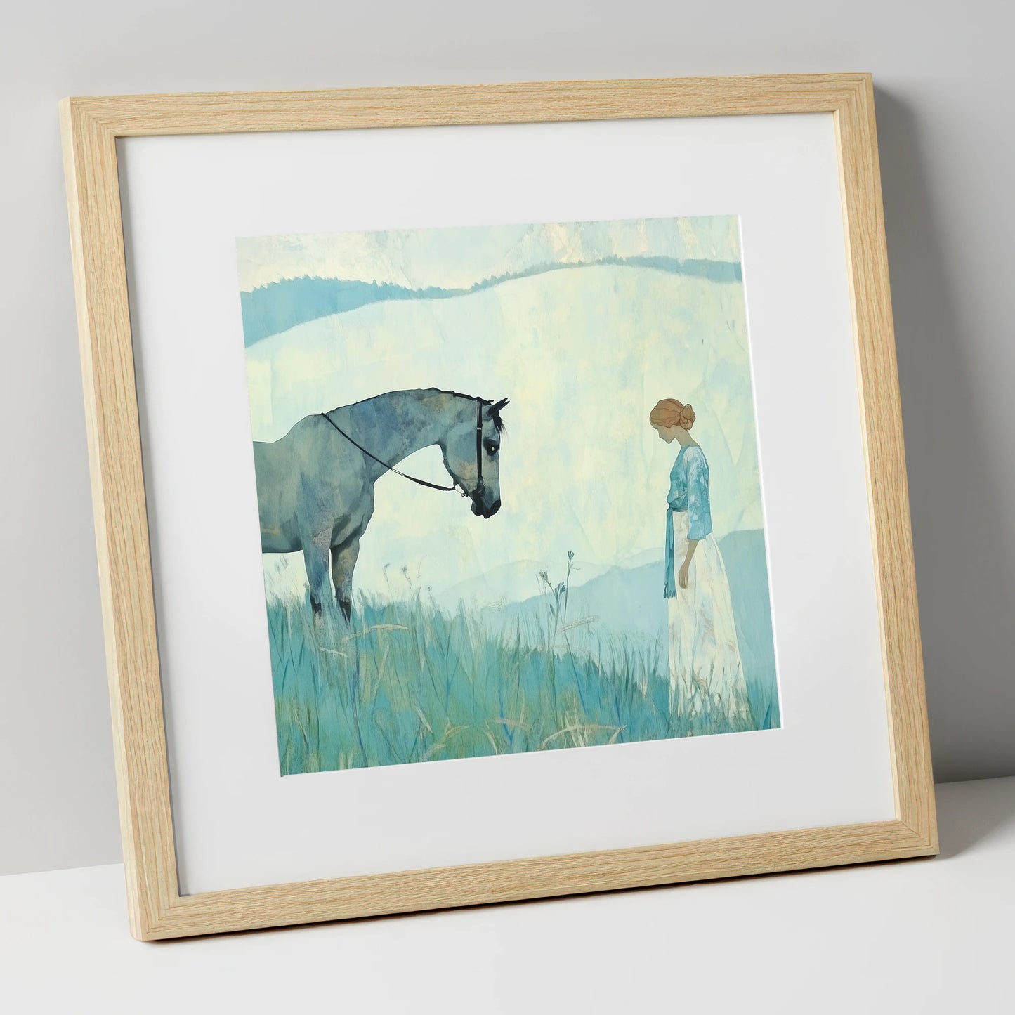 Gentle Regard horse & rider art print in natural frame