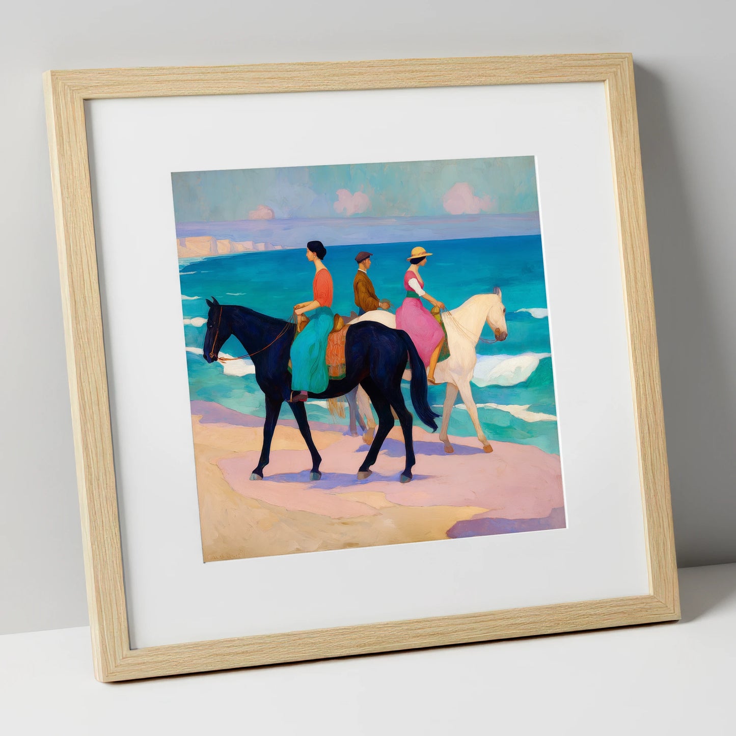 Azure Coastal Hack horse landscape art print in natural frame