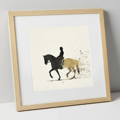 The Golden Passage dressage horse art print in natural frame