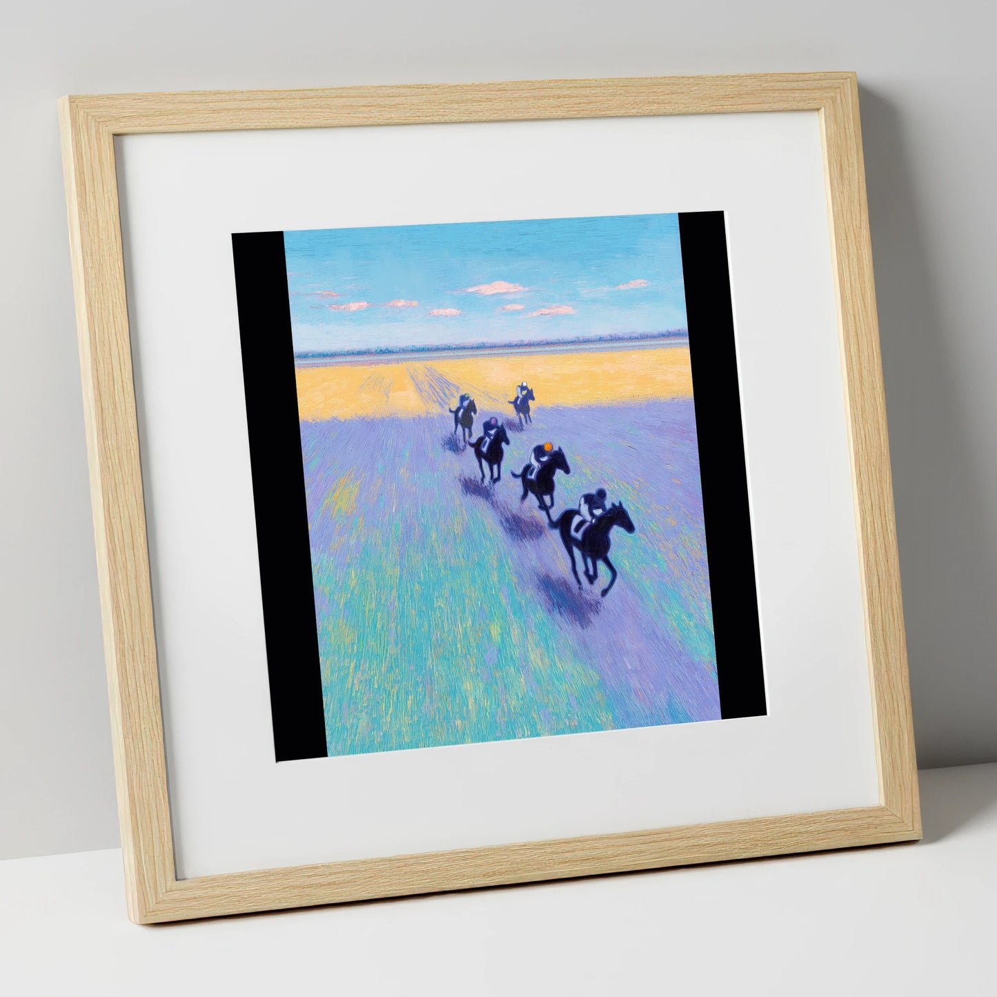 The Morning String racing horse art print in natural frame
