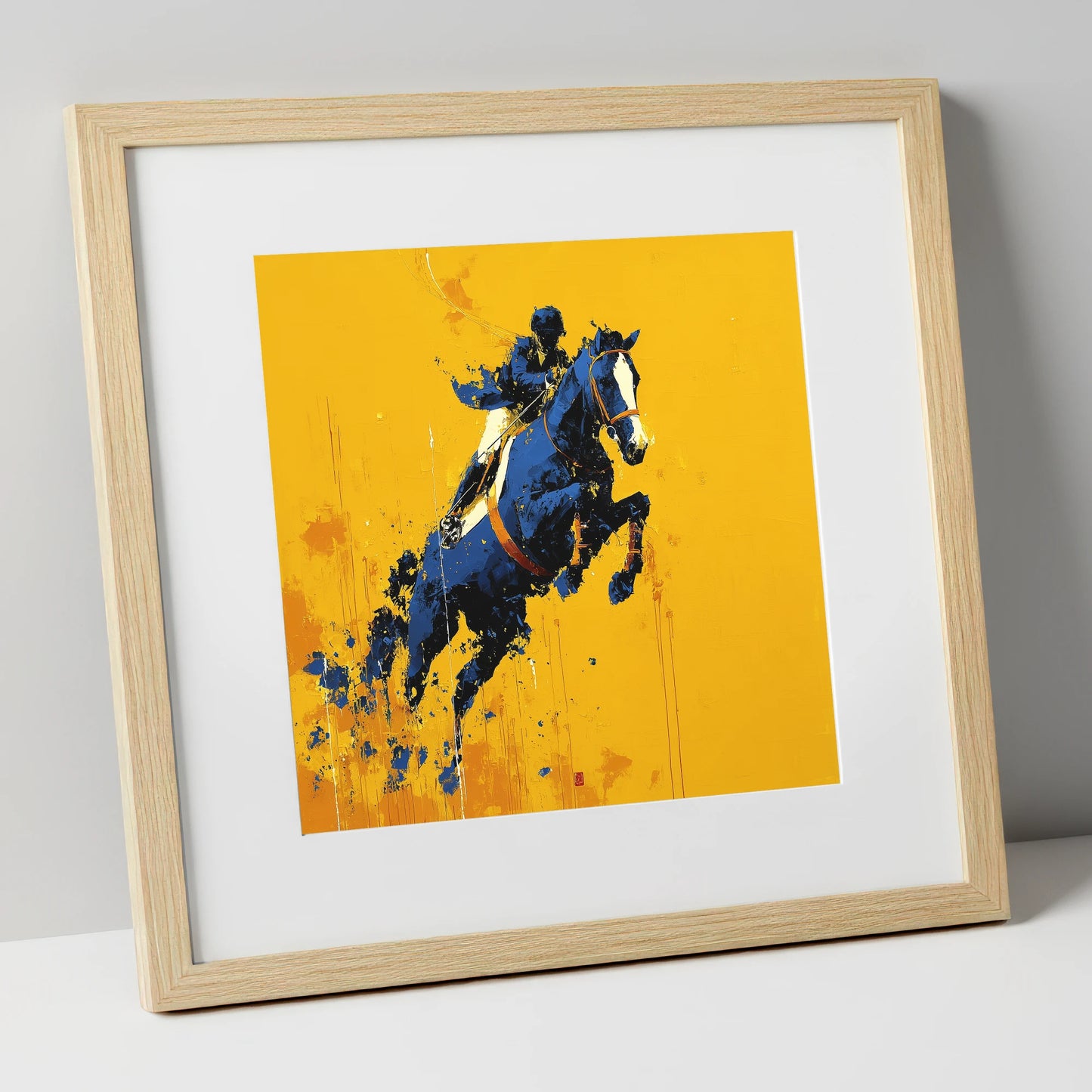 Airborne in Navy show jumping horse art print in natural frame
