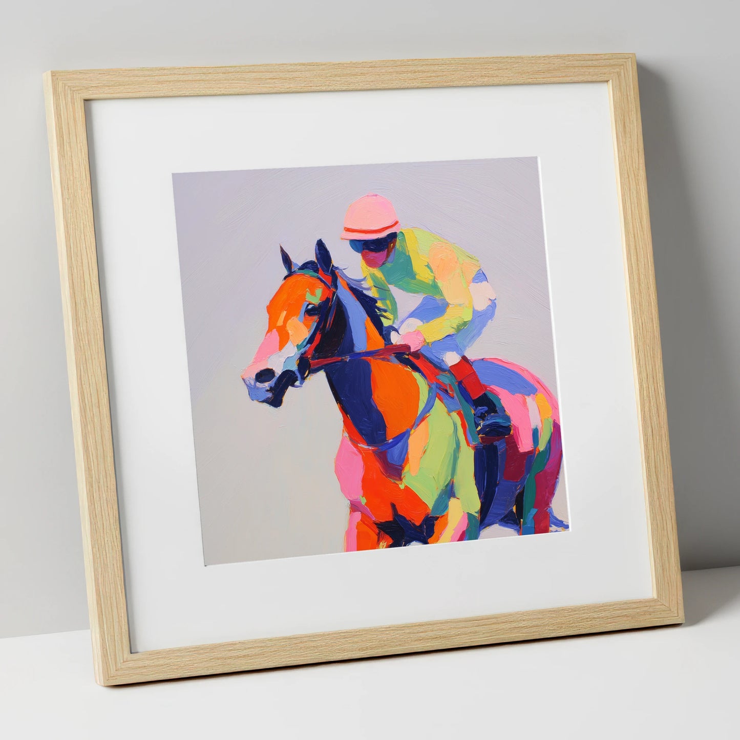 Technicolour Gallop racing horse art print in natural frame
