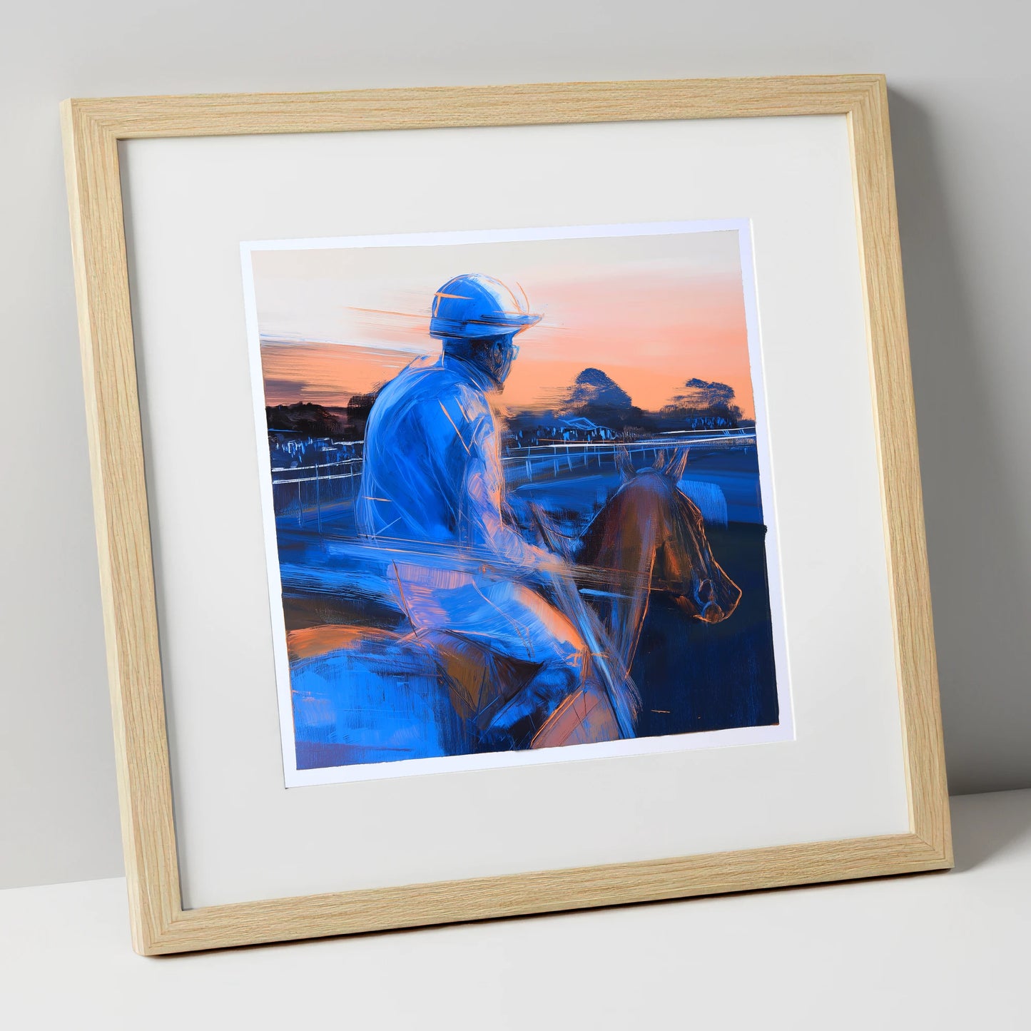 Dawn on the Gallops racing horse art print in natural frame