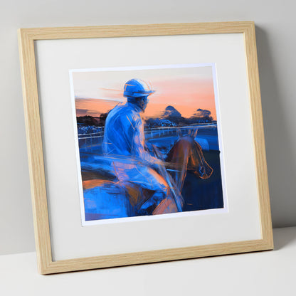 Dawn on the Gallops racing horse art print in natural frame