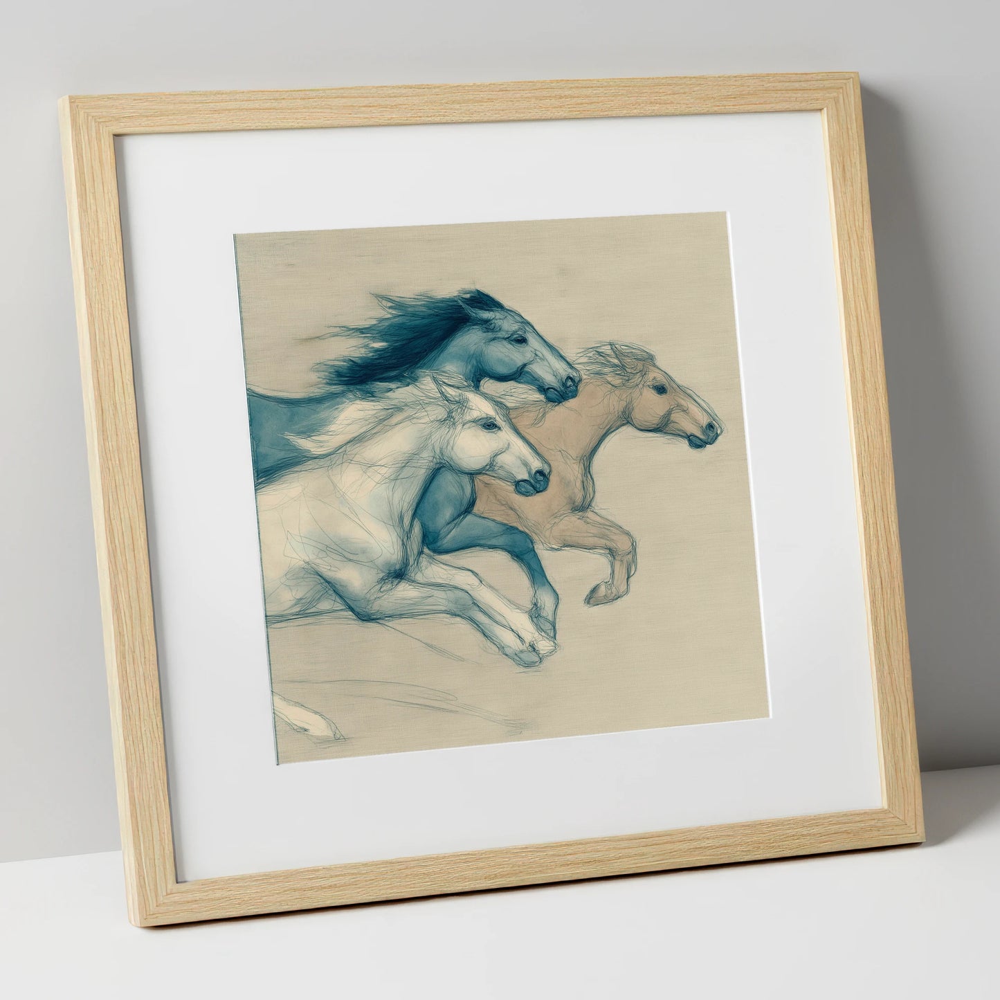 Azure Equine Trio wild horses art print in natural frame