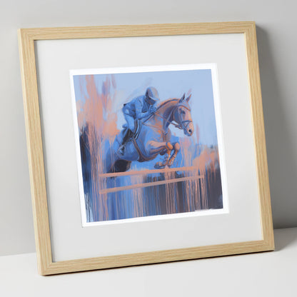 Momentum in Blue and Peach show jumping horse art print in natural frame
