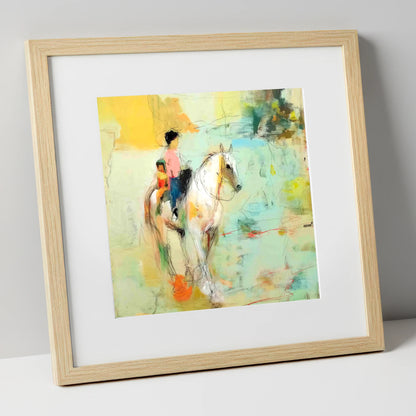 The Shared Ride horse & rider art print in natural frame