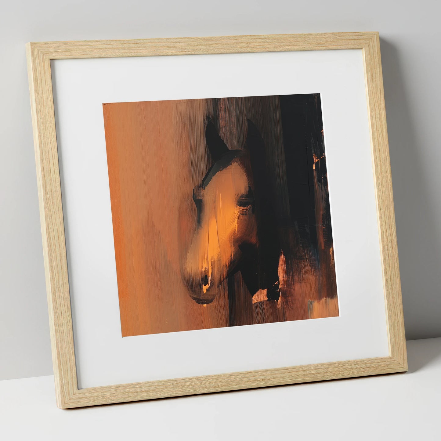 Ember and Shadow horse portrait art print in natural frame