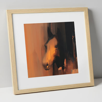 Ember and Shadow horse portrait art print in natural frame