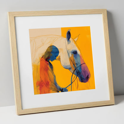 Vibrant Connection horse & rider art print in natural frame