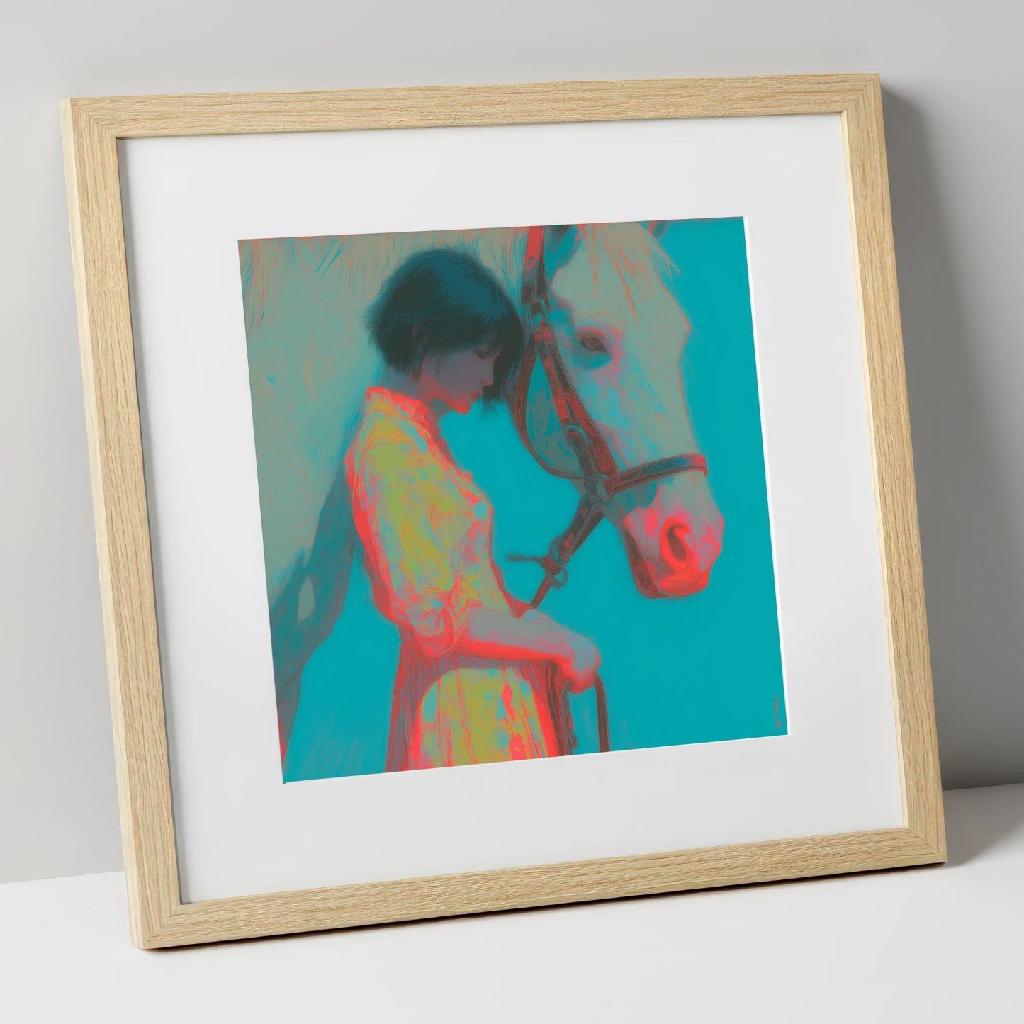 Electric Bond horse & rider art print in natural frame