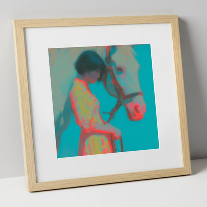 Electric Bond horse & rider art print in natural frame