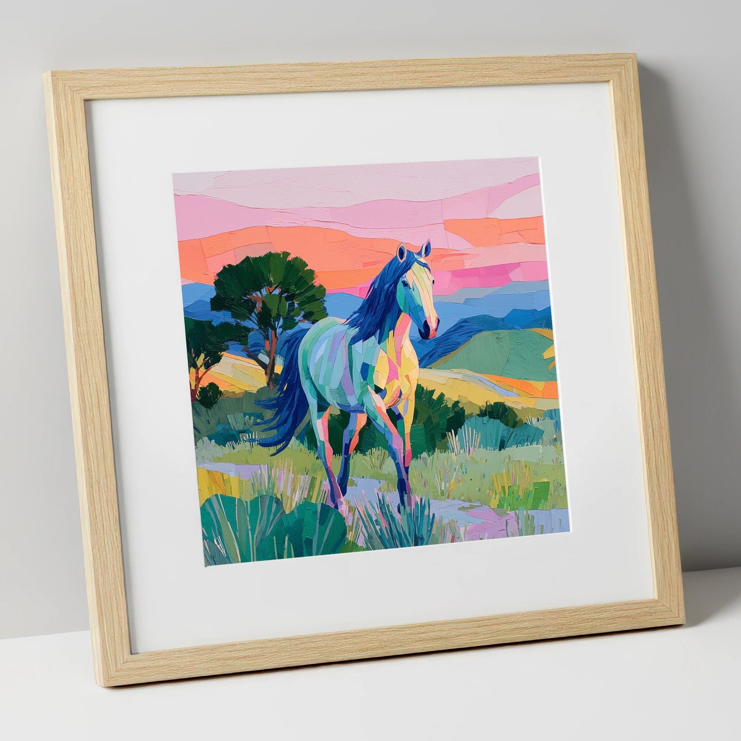 The Vivid Stride horse breed art print in natural frame