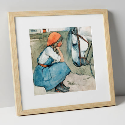 Quiet Moments Together horse & rider art print in natural frame