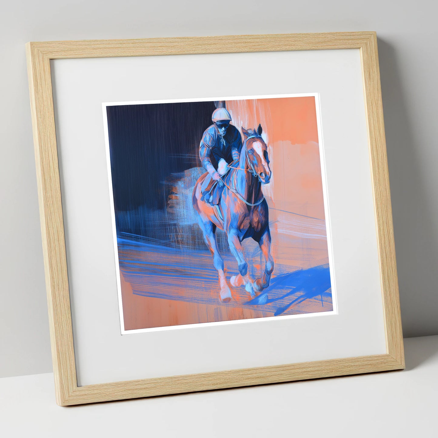 Shadows on the Track racing horse art print in natural frame