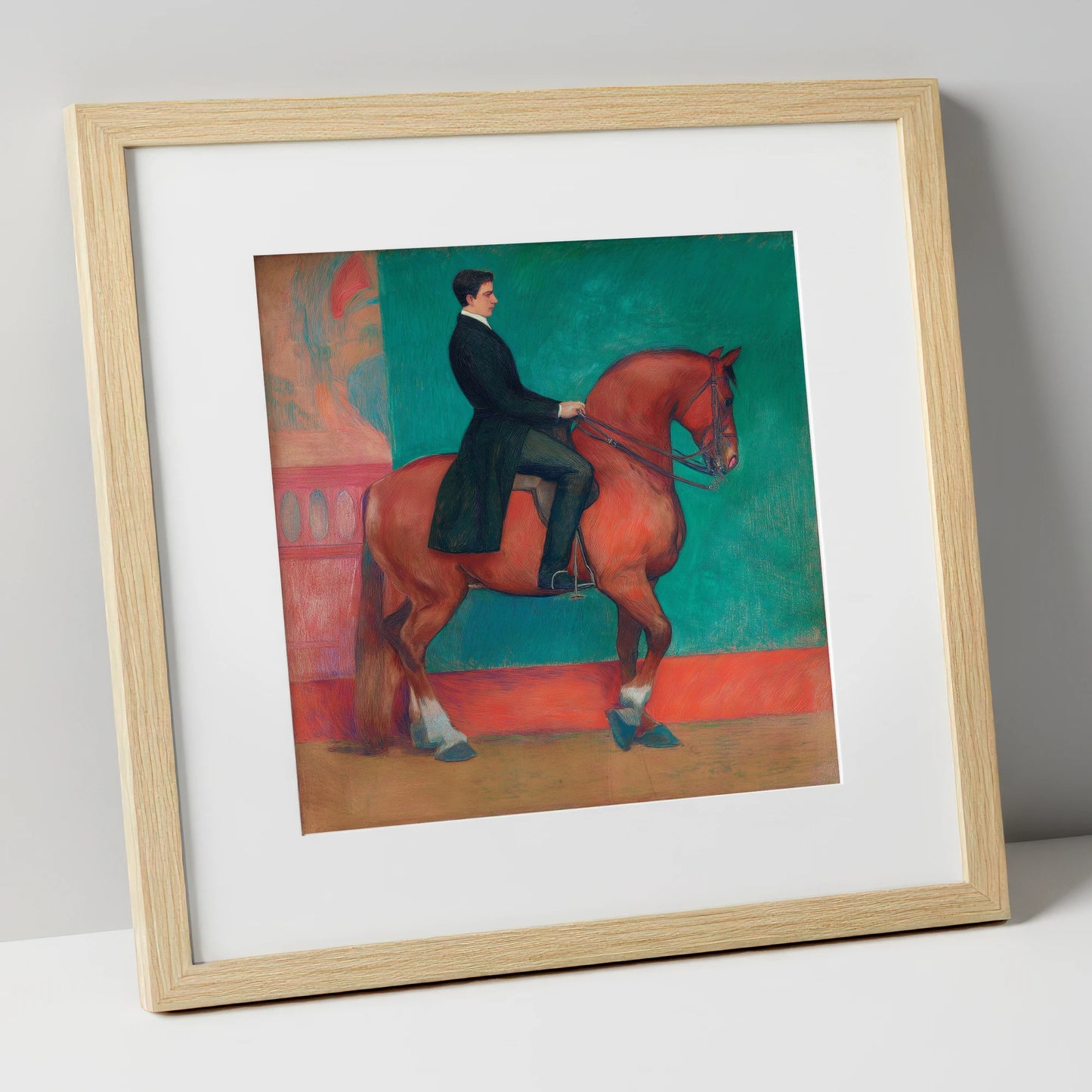 Collected Chestnut in Emerald dressage horse art print in natural frame