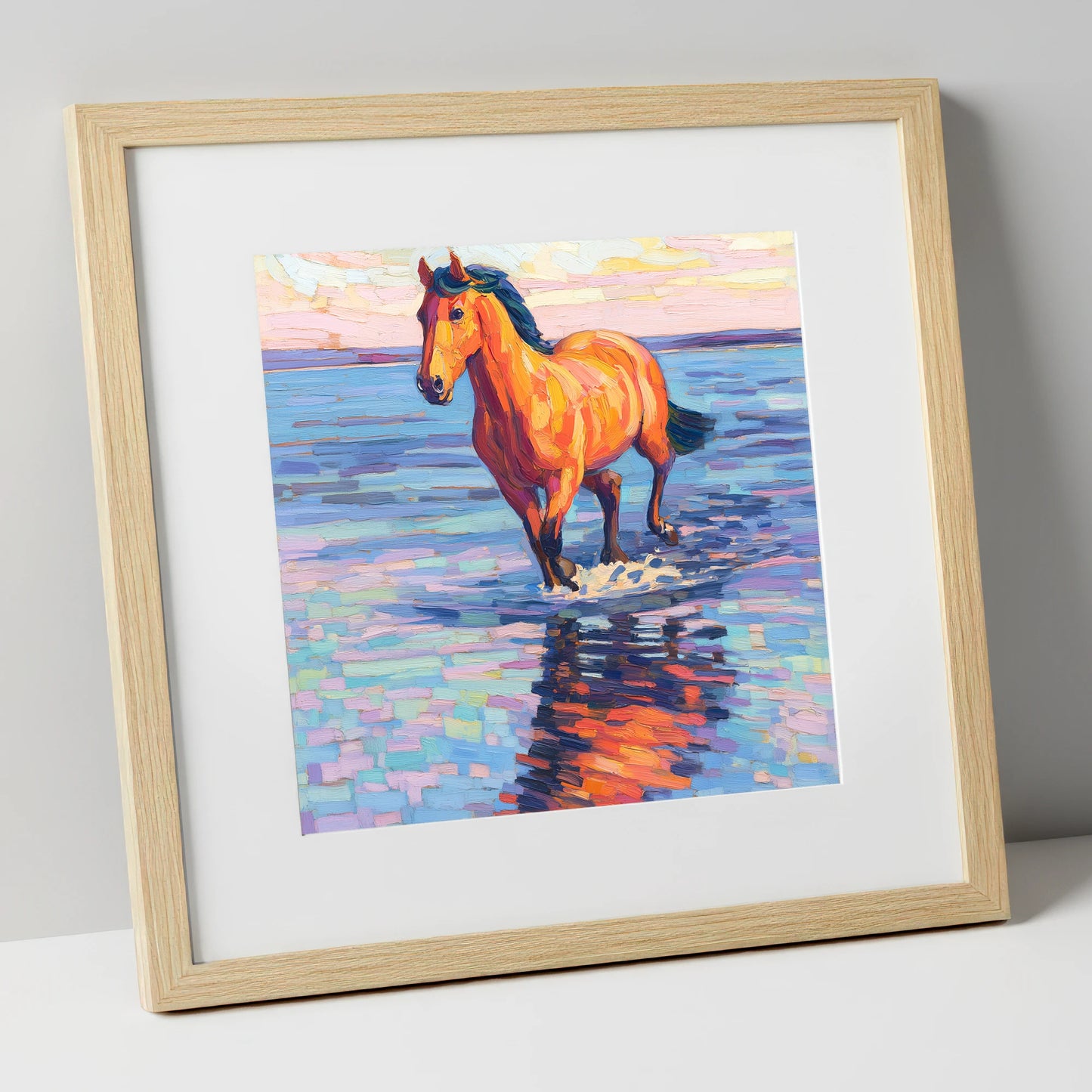 Sunset Shallows Stride beach horse art print in natural frame