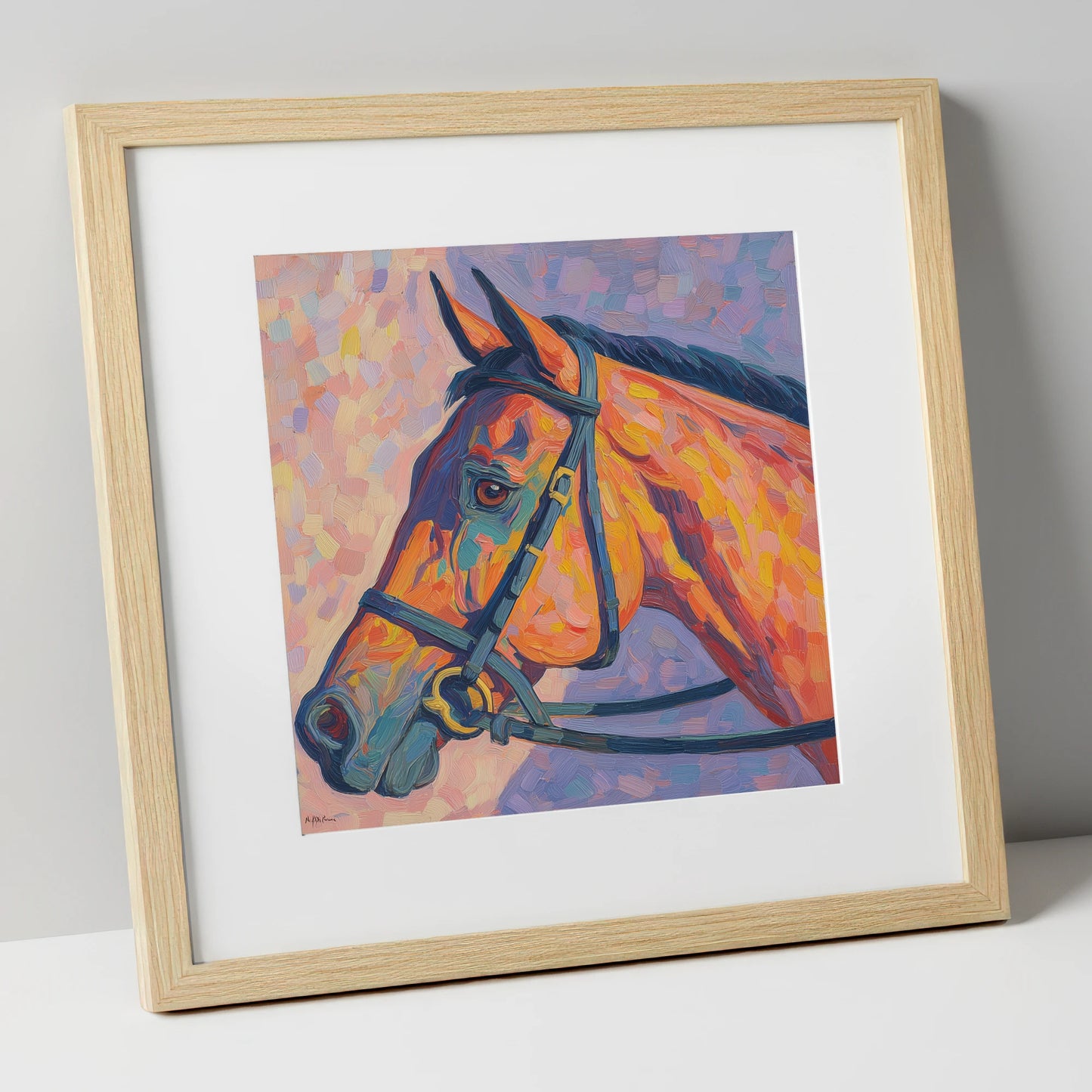 Vivid Equine Gaze racing horse art print in natural frame