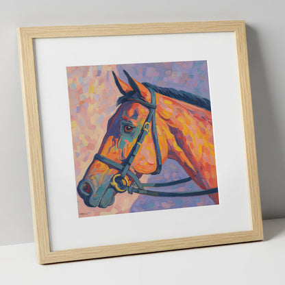 Vivid Equine Gaze racing horse art print in natural frame