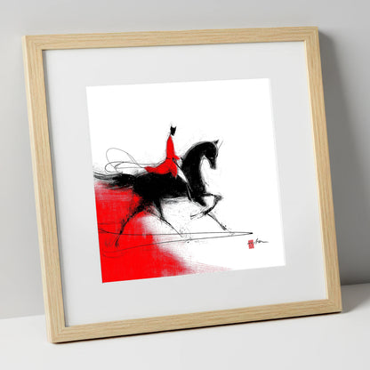 Silhouette in Crimson dressage horse art print in natural frame