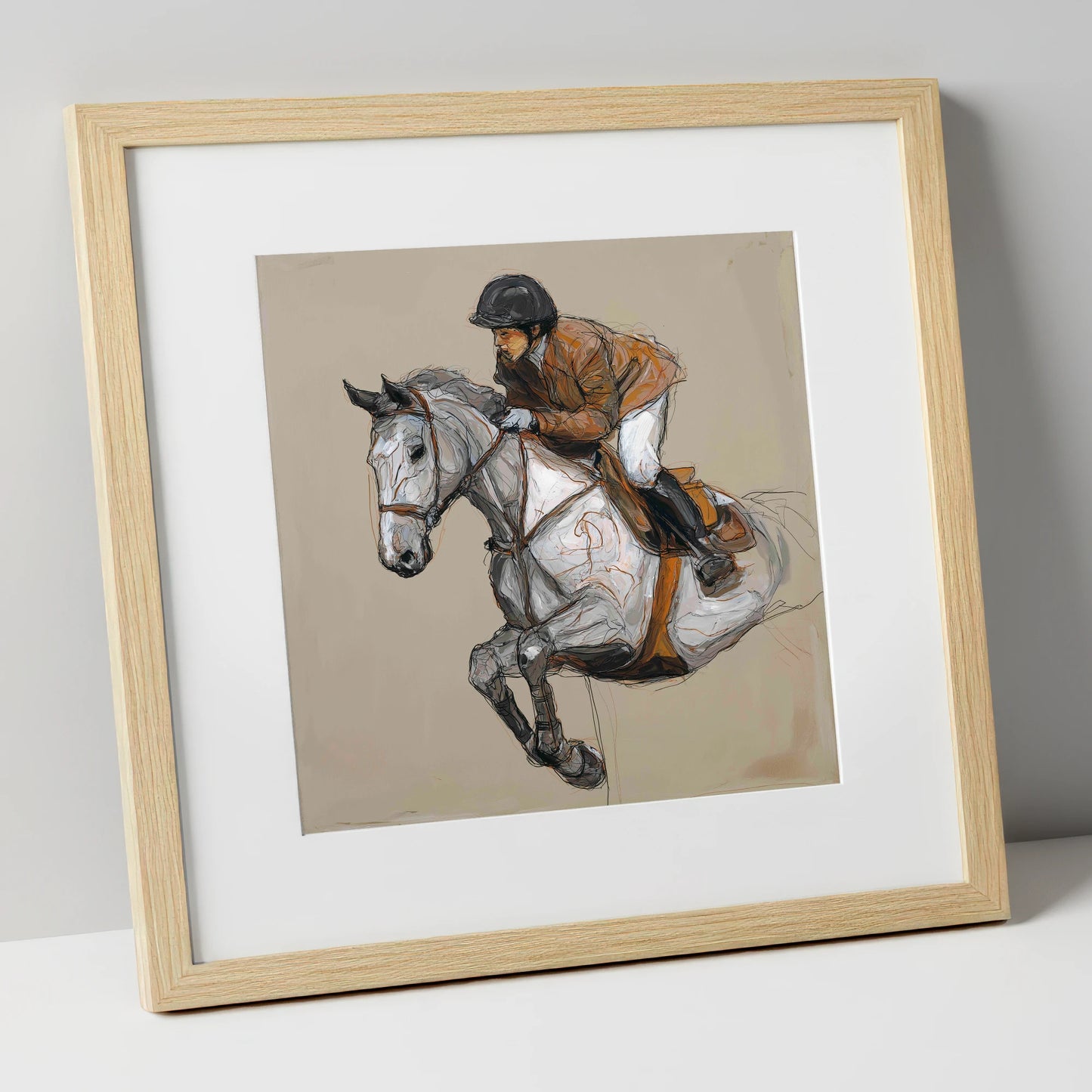 Flight of the Grey show jumping horse art print in natural frame