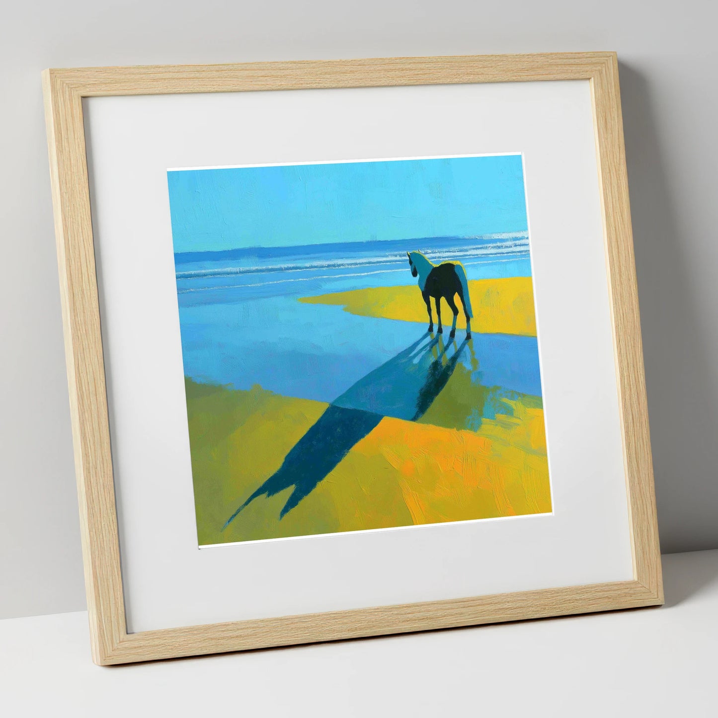 Azure Shoreline Silhouette horse landscape art print in natural frame
