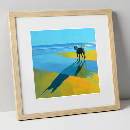 Azure Shoreline Silhouette horse landscape art print in natural frame