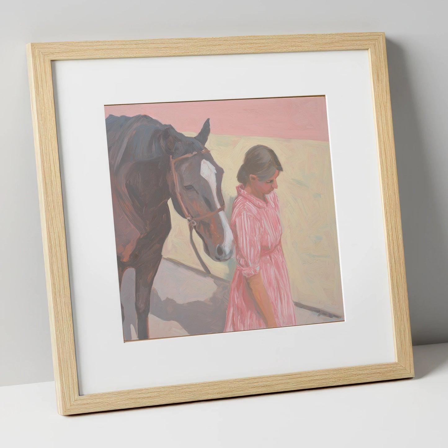 Walking in Step horse & rider art print in natural frame