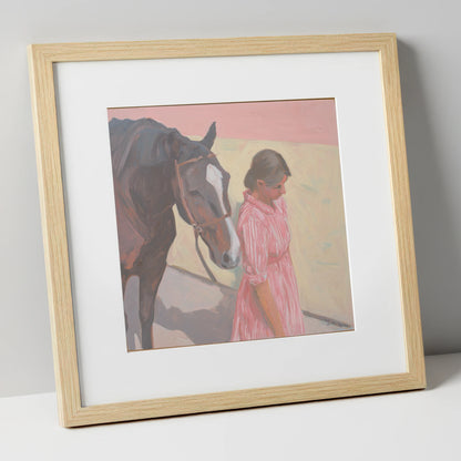 Walking in Step horse & rider art print in natural frame