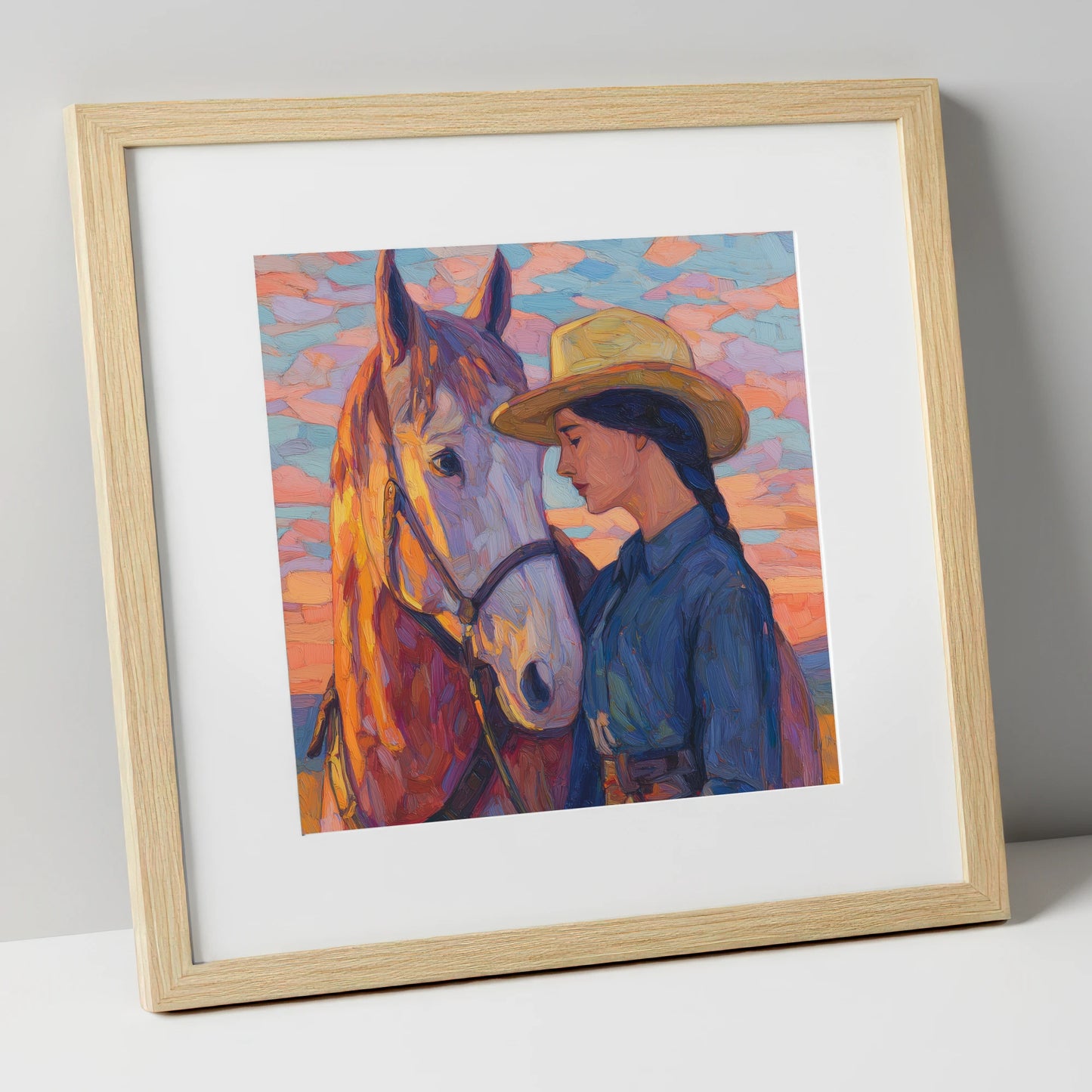 The Sundown Bond horse & rider art print in natural frame