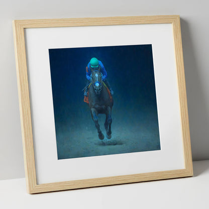 The Indigo Gallop racing horse art print in natural frame