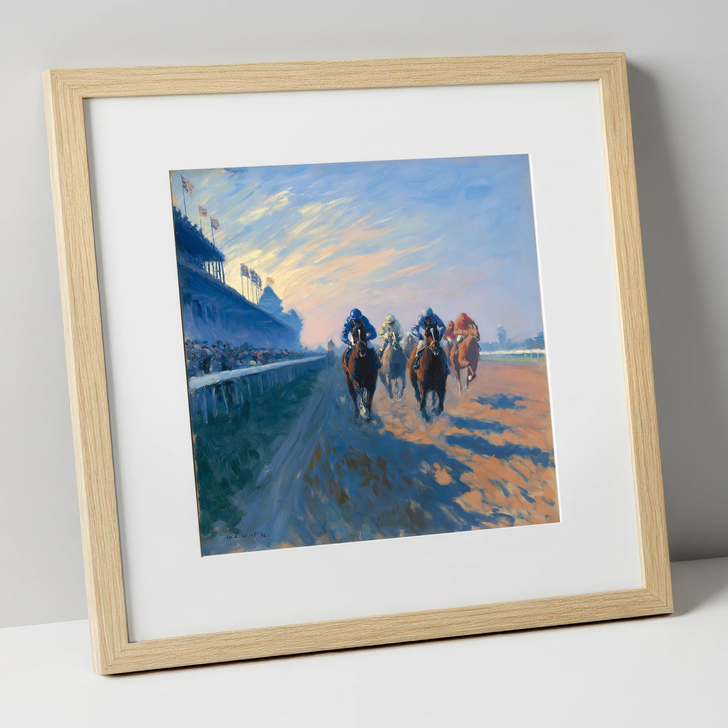 Thundering Towards Home racing horse art print in natural frame