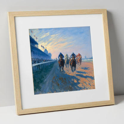 Thundering Towards Home racing horse art print in natural frame