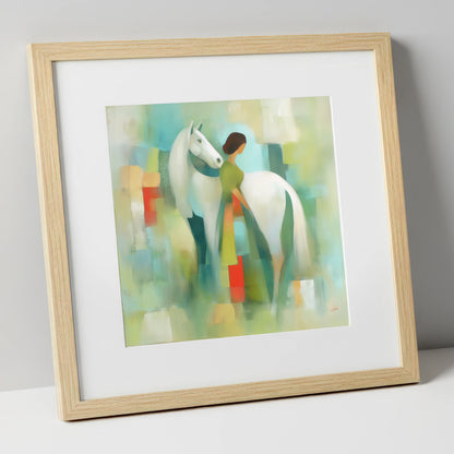 Verdant Harmony horse & rider art print in natural frame
