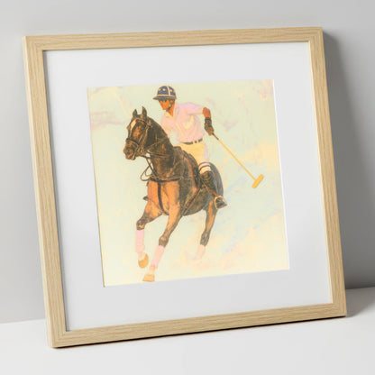 Luminous Chukka polo horse art print in natural frame