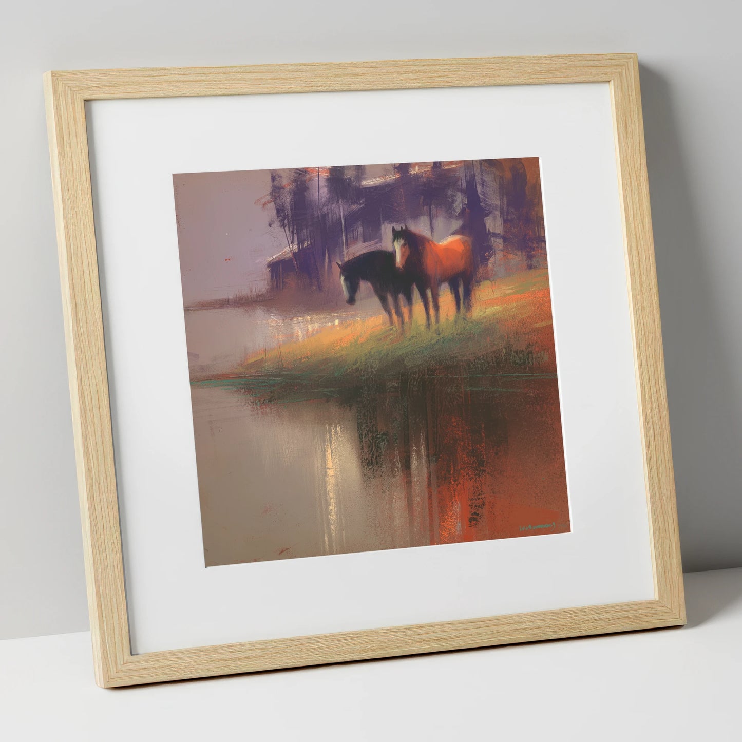 Waterside Reflections wild horses art print in natural frame