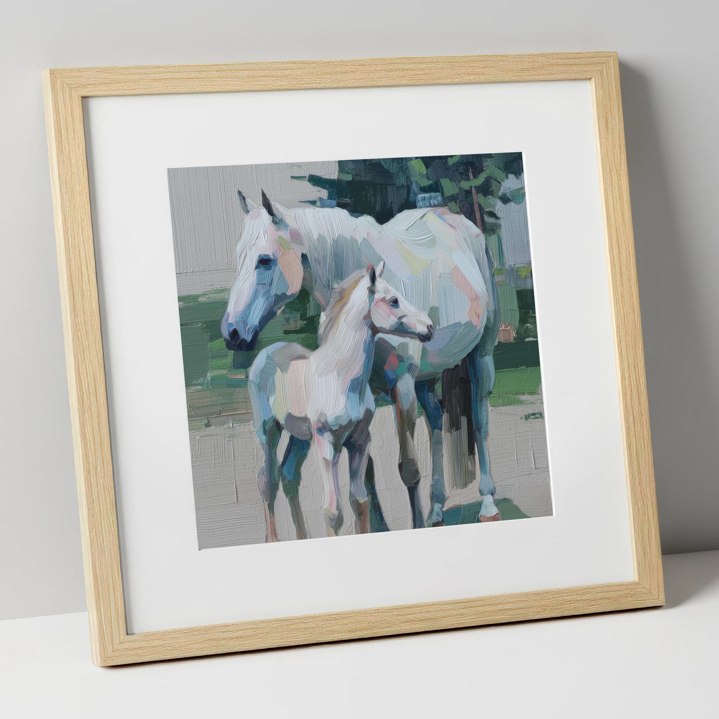 Textured Pastel Bond mare & foal art print in natural frame