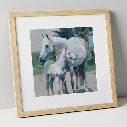 Textured Pastel Bond mare & foal art print in natural frame