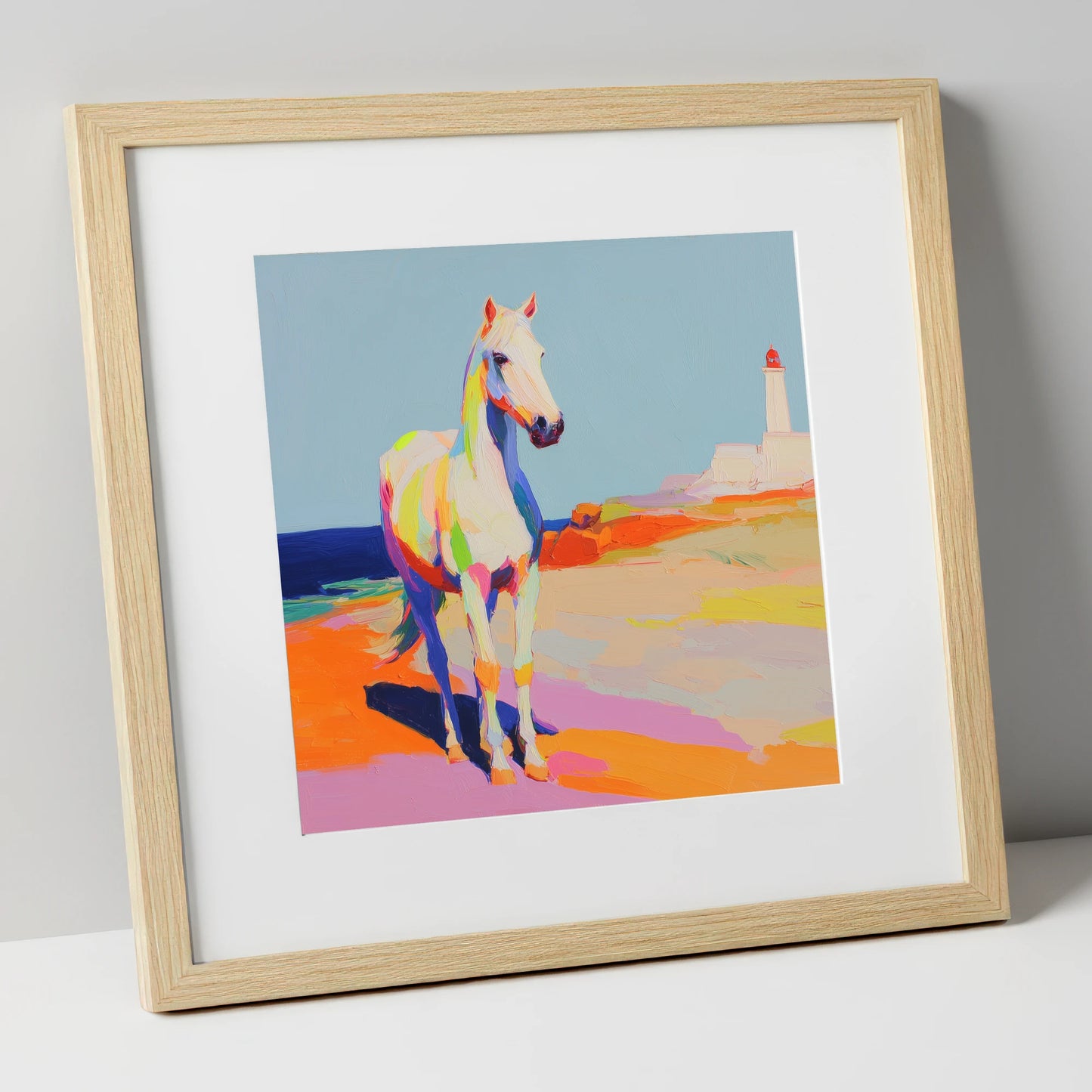 Vibrant Coastal Equine horse landscape art print in natural frame