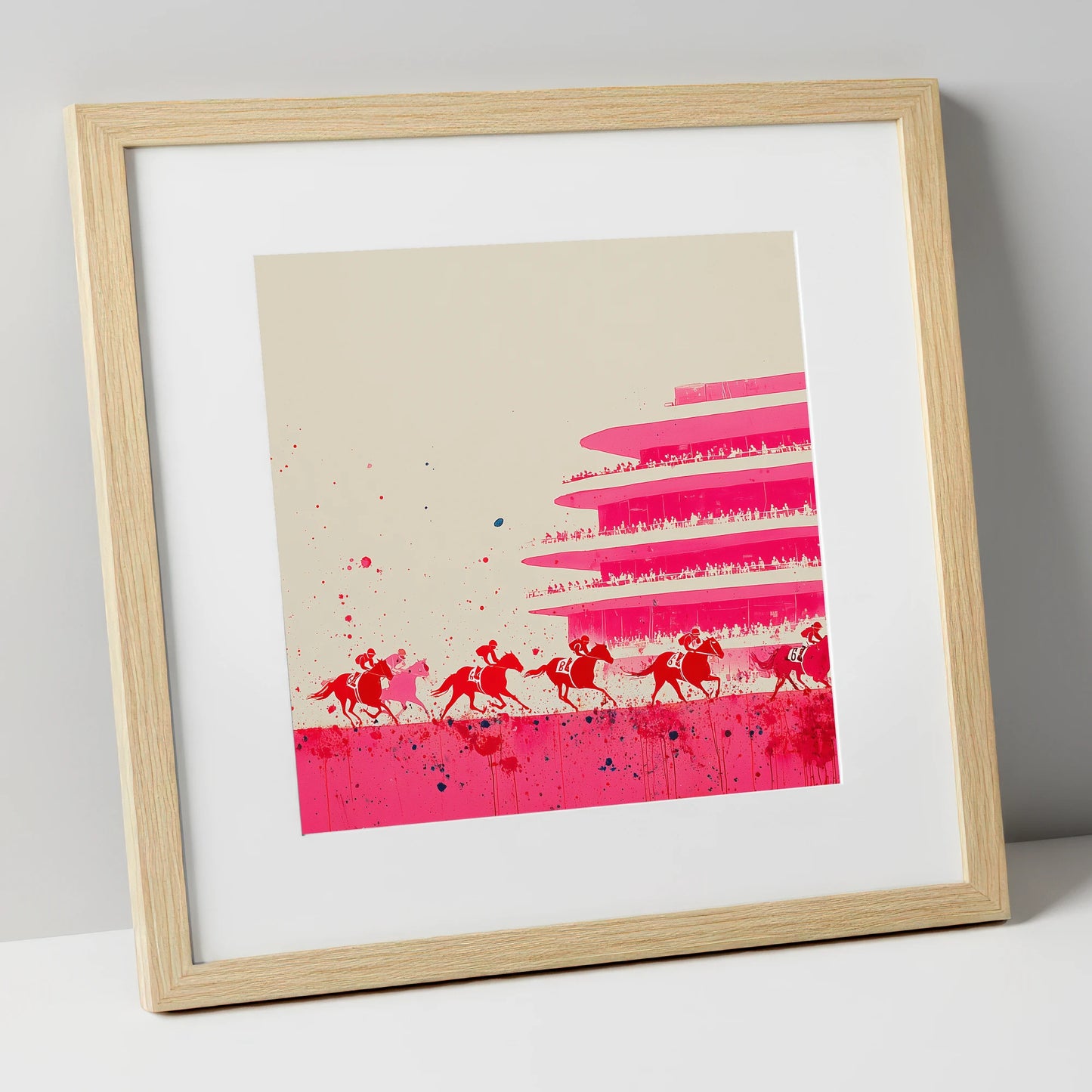 Magenta Grandstand Sprint racing horse art print in natural frame